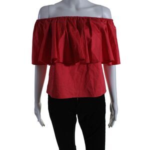 N Nicholas Womens Elastic Ruffled Off Shoulder Blouse Pink Cotton Size Small